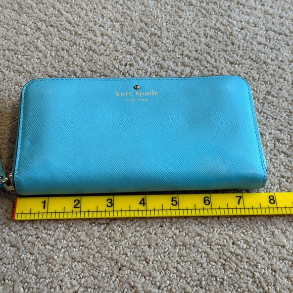 Kate Spade Wallet Mikas Pond Lacy Saffiano Leather Zip Around Robins Egg Blue - Picture 14 of 16